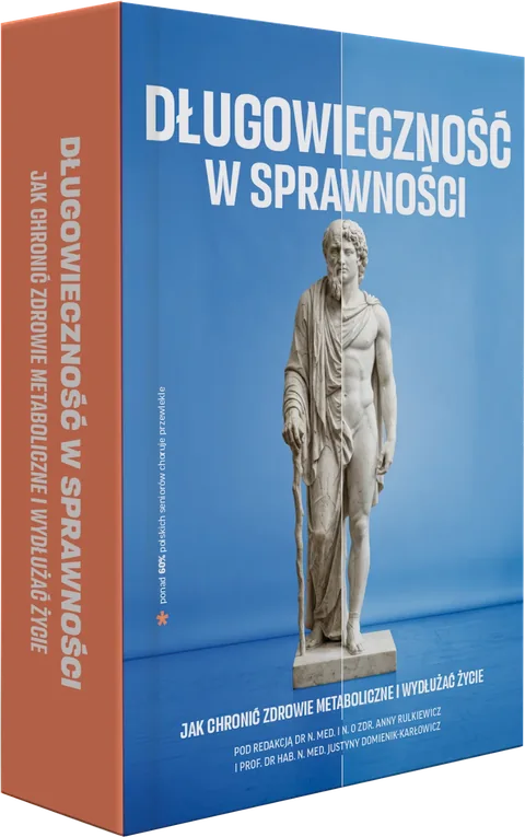 Okładka książki Długowieczność w sprawności: marmurowy posąg, z jednej strony starszy człowiek z laską, z drugiej młody